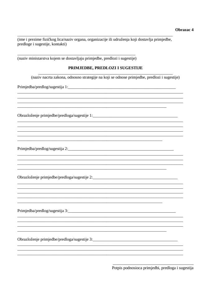 4. Образац за достављање примједби, предлога и сугестија