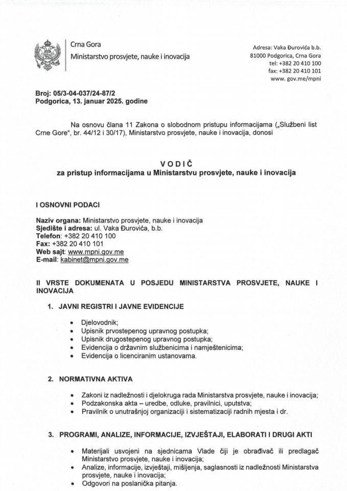 Vodič za pristup informacijama u posjedu MPNI