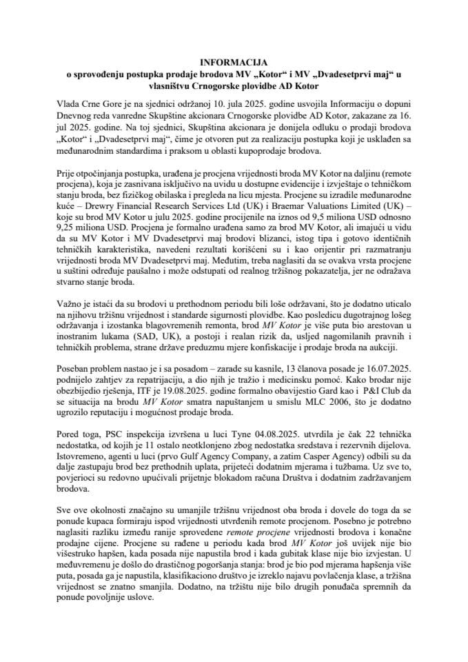 Informacija o sprovođenju postupka prodaje brodova MV „Kotor“ i MV „Dvadesetprvi maj“ u vlasništvu Crnogorske plovidbe AD Kotor s predlozima memoranduma i Predlogom ugovora
