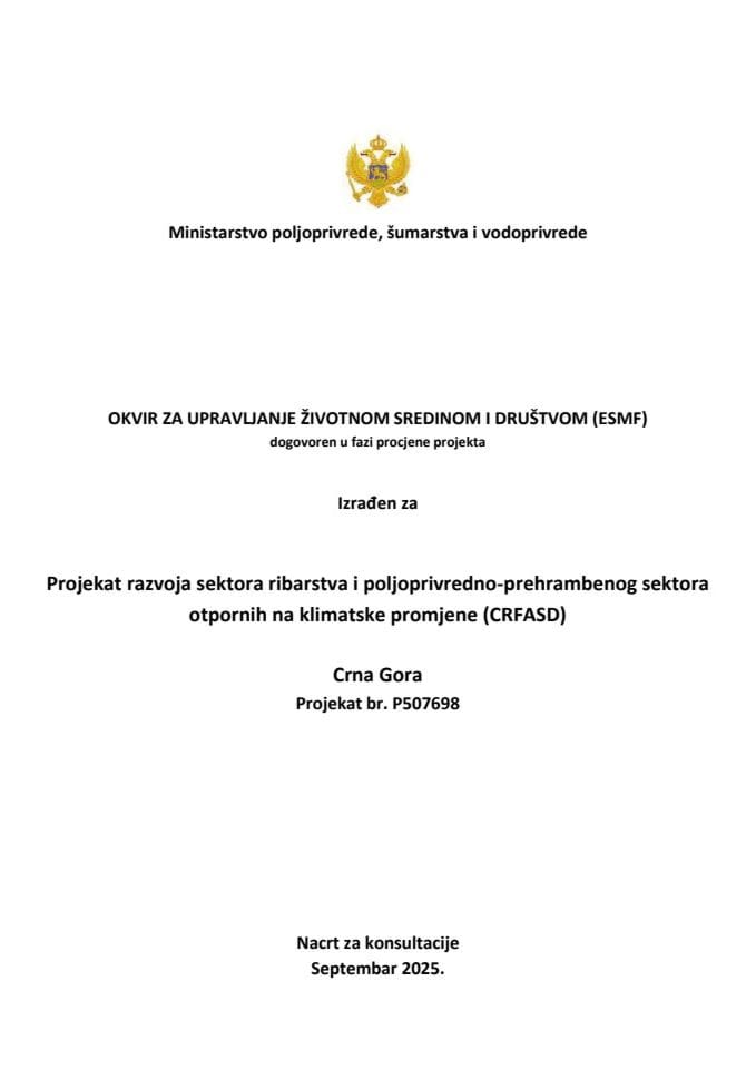 Okvirni plan upravljanja životnom sredinom i društvenim pitanjima (ESMF)