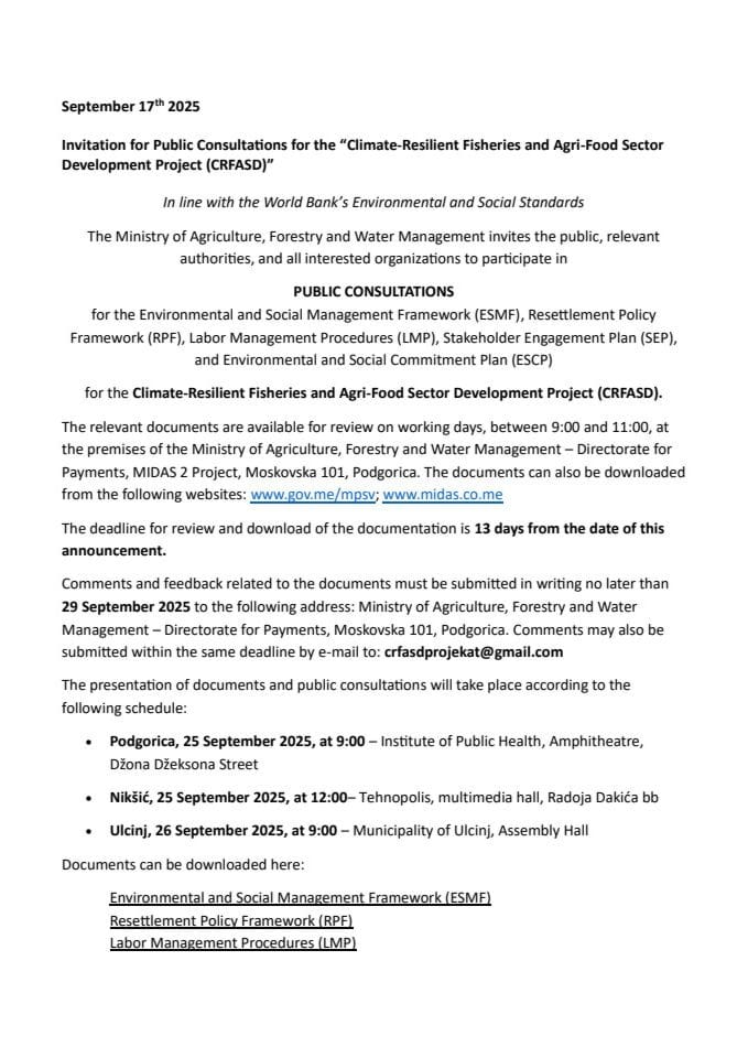 Invitation for Public Consultations for the “Climate-Resilient Fisheries and Agri-Food Sector Development Project (CRFASD)”