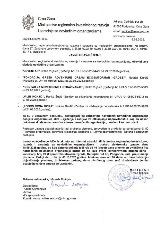 Javno obavještenje za NVO