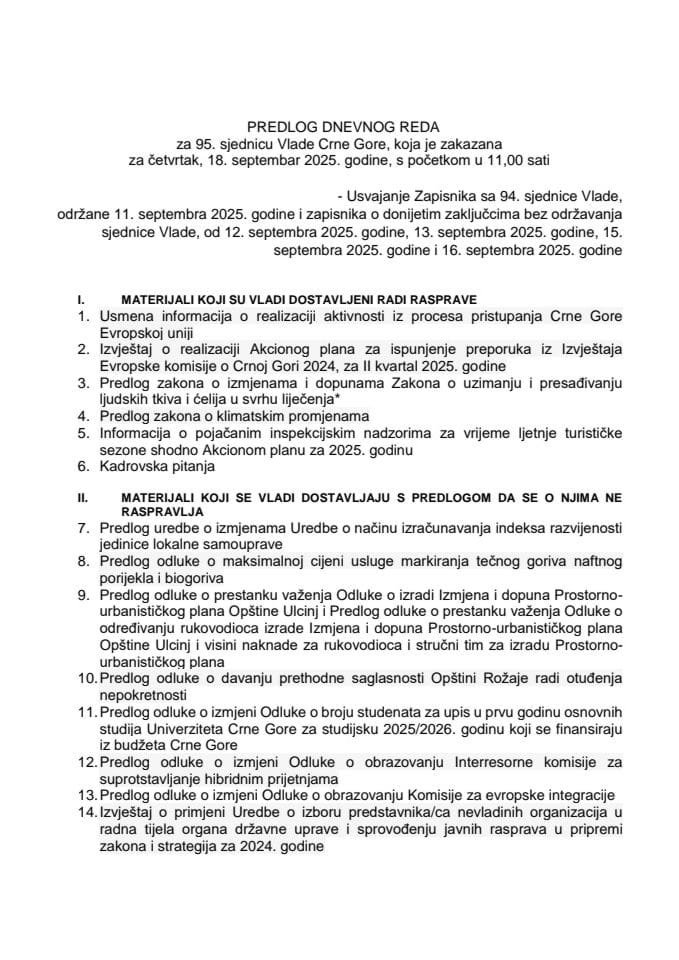 Predlog dnevnog reda za 95. sjednicu Vlade Crne Gore