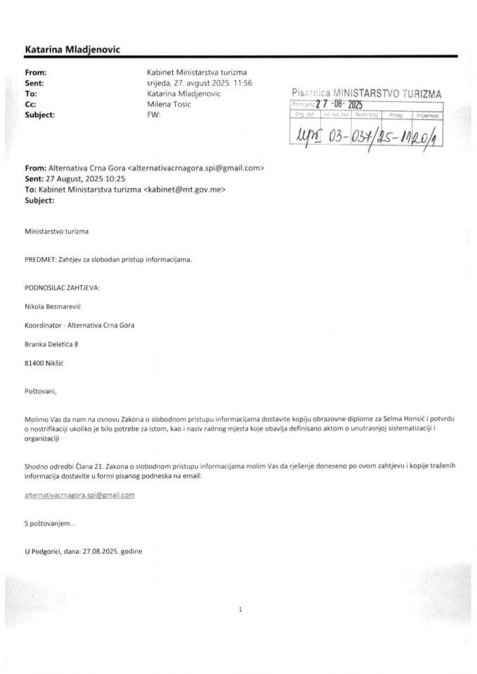 Informacije kojima je pristup odobren po osnovu zahtjeva br UPI 03-037-25-1120-1 - Nikola Bezmarević - Alternativa Crna Gora od 27.08.2025. godine