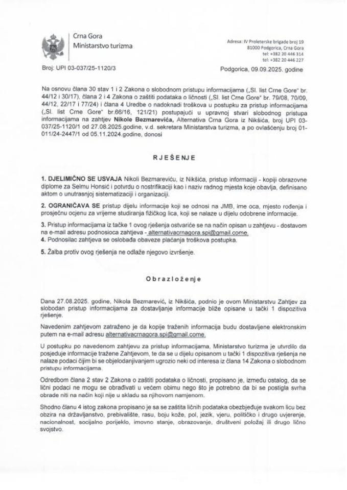 Rješenje - Slobodan pristup informacijama - UPI 03-037-25-1120-2 - Nikola Bezmarević - Alternativa Crna Gora
