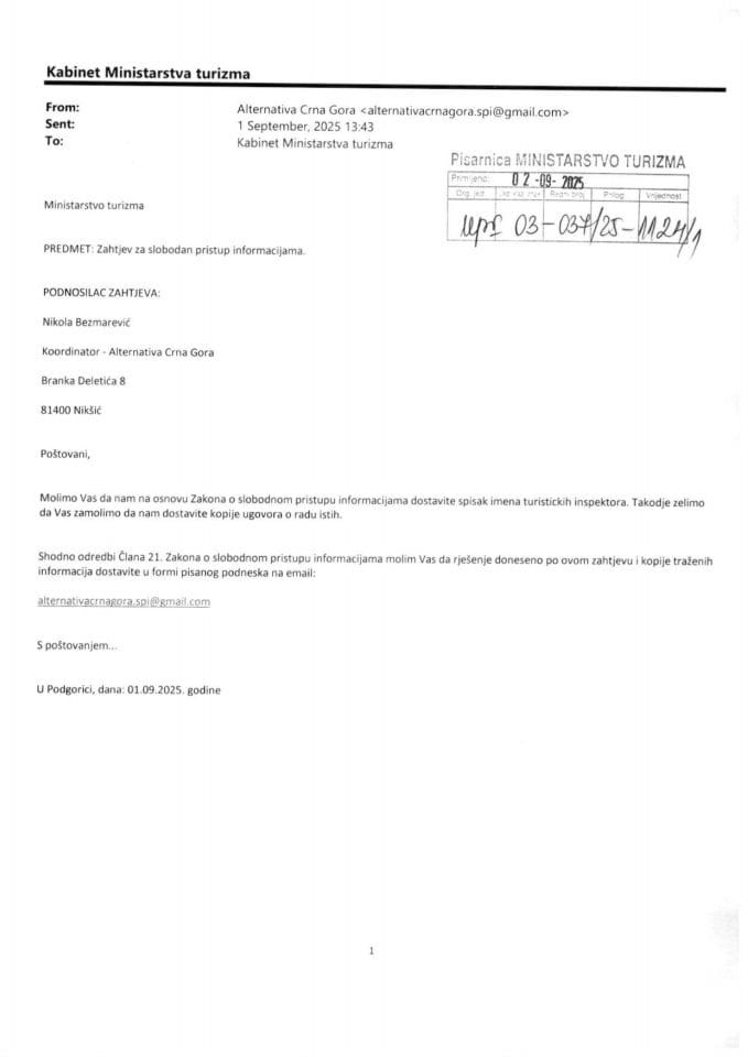 Informacije kojima je pristup odobren po osnovu zahtjeva br UPI 03-037-25-1124-1 - Nikola Bezmarević - Alternativa Crna Gora od 02.09.2025. godine
