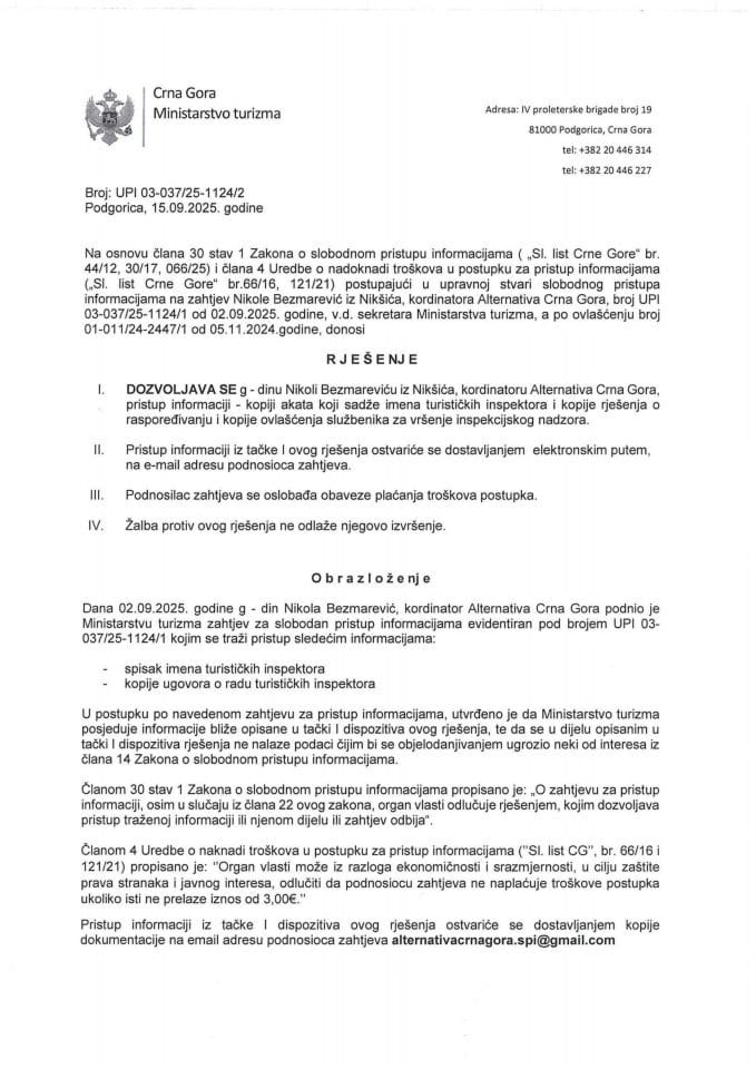 Rješenje - Slobodan pristup informacijama - UPI 03-037-25-1124-2 - Nikola Bezmarević - Alternativa Crna Gora
