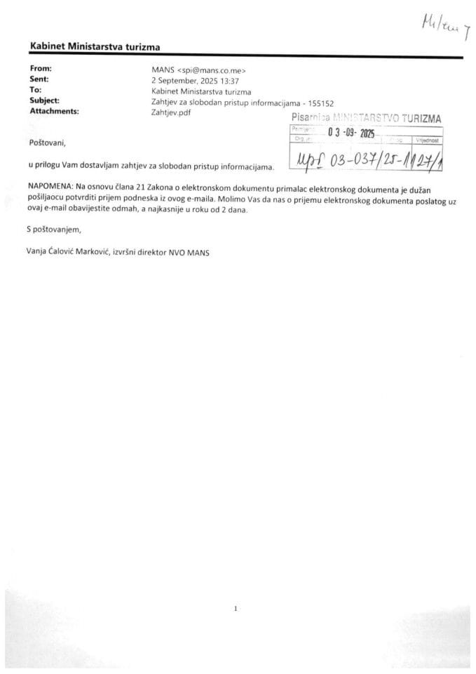 Informacije kojima je pristup odobren po osnovu zahtjeva br UPI 121-037-25-1127-1 - Mreža za afirmaciju nevladinog sektora - MANS od 03.09.2025. godine