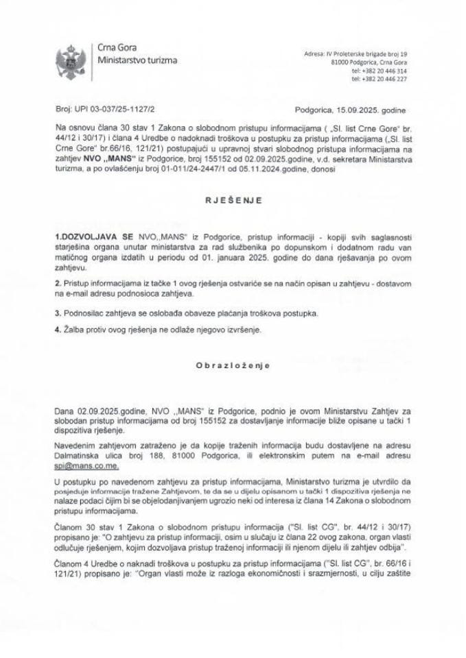 Rješenje - Slobodan pristup informacijama - UPI 03-037-25-1127-2 Mreža za afirmaciju nevladinog sektora - MANS