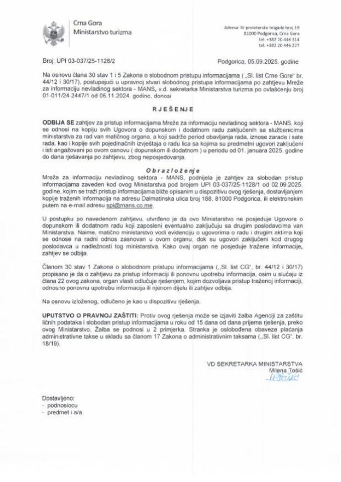 Rješenje - Slobodan pristup informacijama - UPI 03-037-25-1128-2 Mreža za afirmaciju nevladinog sektora - MANS