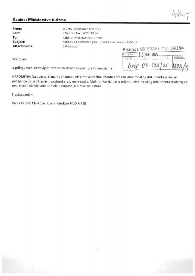 Zahtjev - Slobodan pristup informacijama - UPI 03-037-25-1128-1 - Mreža za afirmaciju nevladinog sektora - MANS
