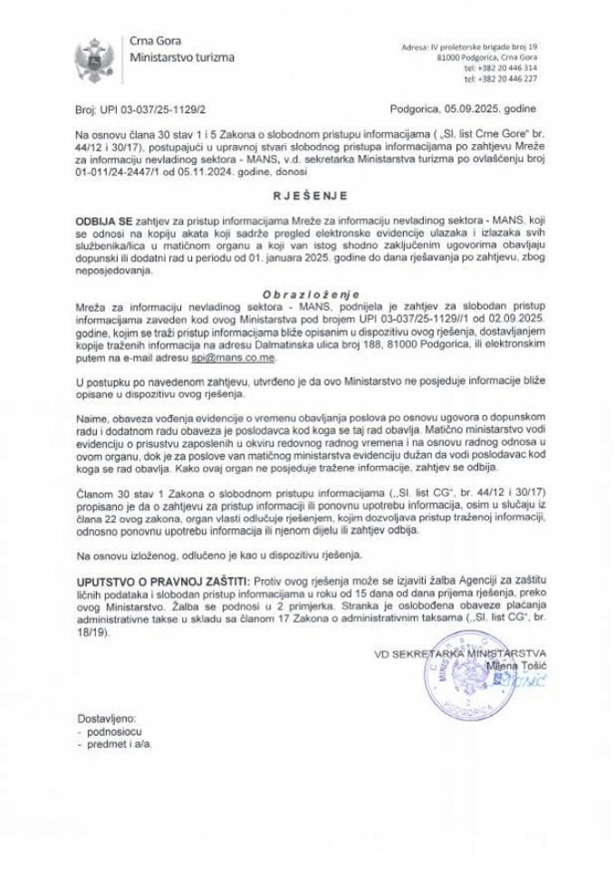 Rješenje - Slobodan pristup informacijama - UPI 03-037-25-1129-2 Mreža za afirmaciju nevladinog sektora - MANS