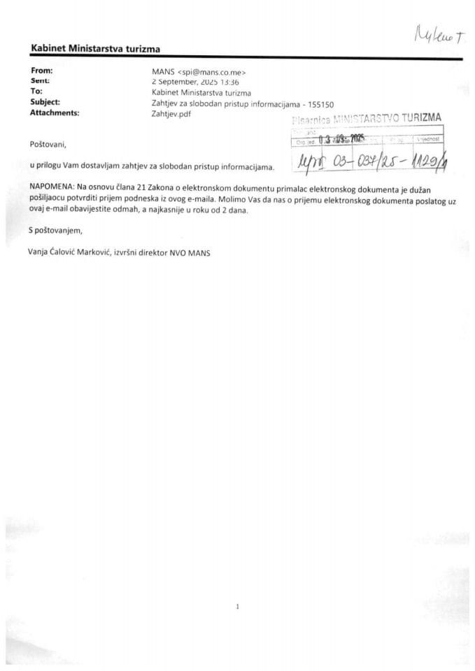 Zahtjev - Slobodan pristup informacijama - UPI 03-037-25-1129-1 - Mreža za afirmaciju nevladinog sektora - MANS