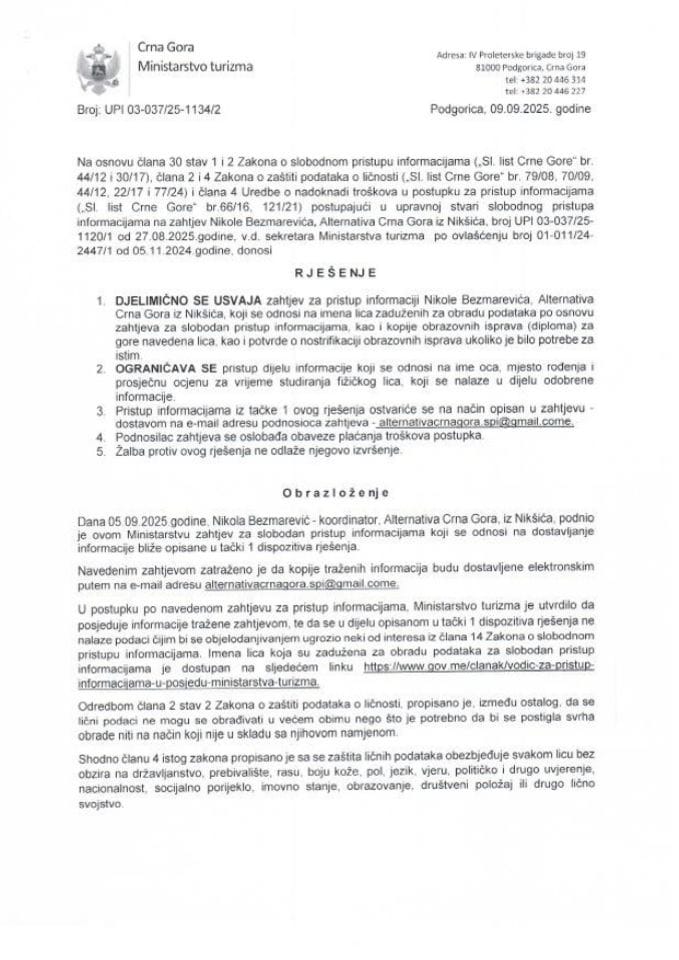 Rješenje - Slobodan pristup informacijama - UPI 03-037-25-1134-2 - Nikola Bezmarević - Alternativa Crna Gora