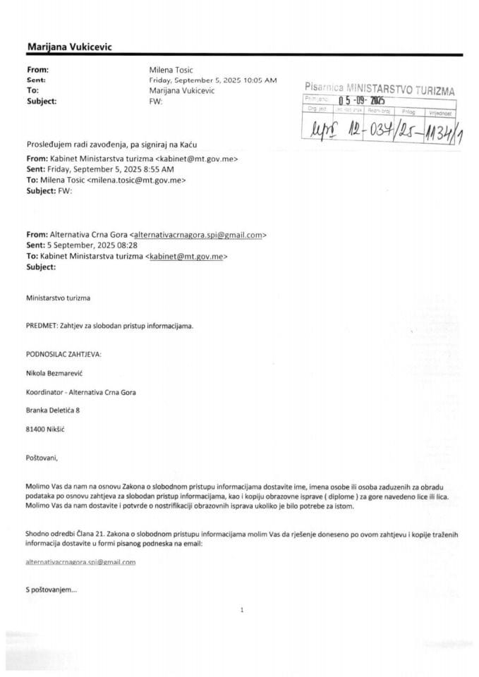 Zahtjev - Slobodan pristup informacijama - UPI 12-037-25-1134-1 - Nikola Bezmarević - Alternativa Crne Gora