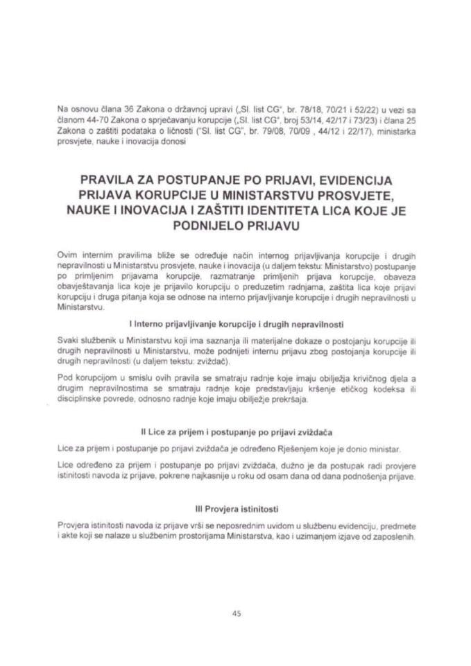 Pravila za postupanje po prijavi, evidencija, prijava korupcije u MPNI i zaštiti identiteta lica koje je podnijelo prijavu - zaštita zviždača