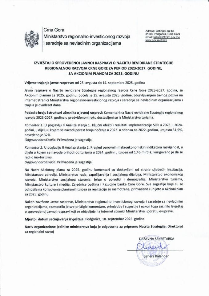 Izvještaj o javnoj raspravi o Nacrtu revidirane Strategije regionalnog razvoja Crne Gore