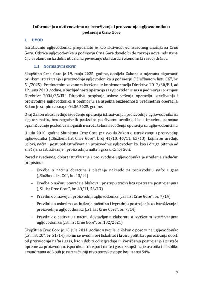 Информација о активностима на истраживању и производњи угљоводоника у подморју Црне Горе