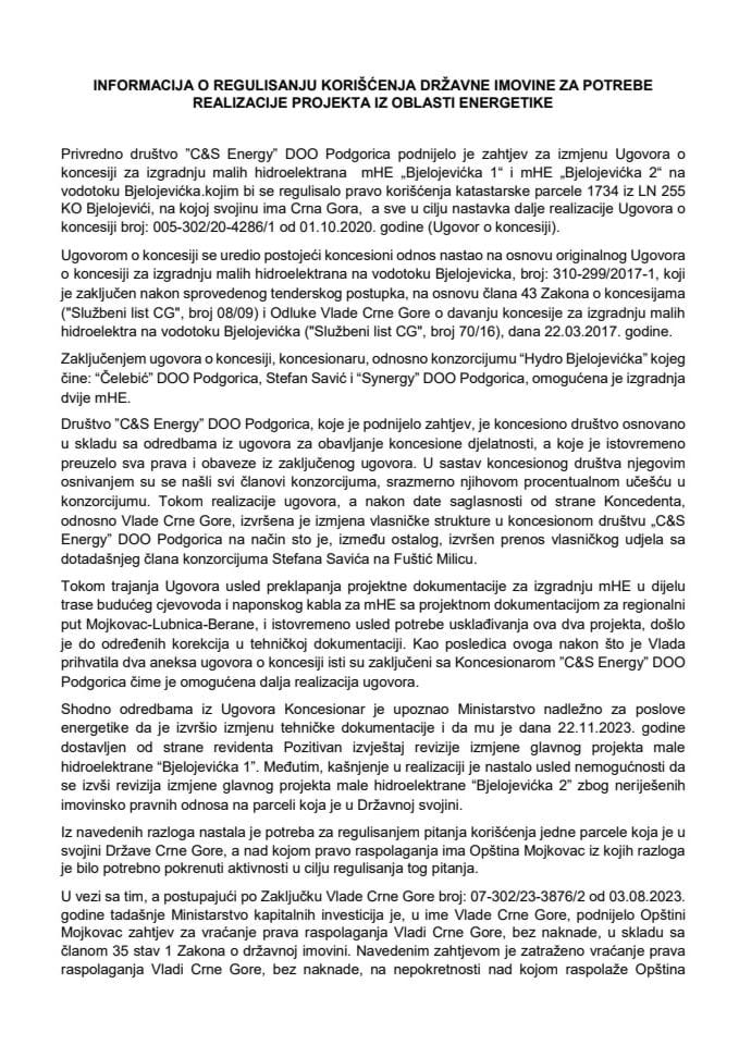 Informacija o regulisanju korišćenja državne imovine za potrebe realizacije projekta iz oblasti energetike sa Predlogom aneksa broj 3 Ugovora o koncesiji za izgradnju malih hidroelektrana mHE „Bjelojevićka 1“ i mHE „Bjelojevićka 2“