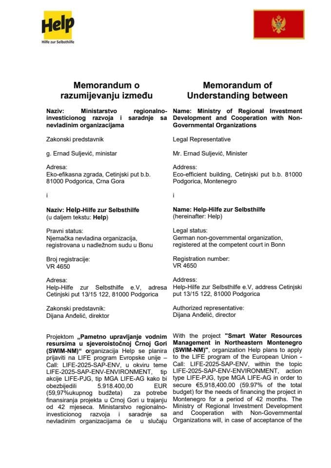 Предлог меморандума о разумијевању између Министарства регионално-инвестиционог развоја и сарадње са невладиним организацијама и Help-Hilfe zur Selbsthilfe