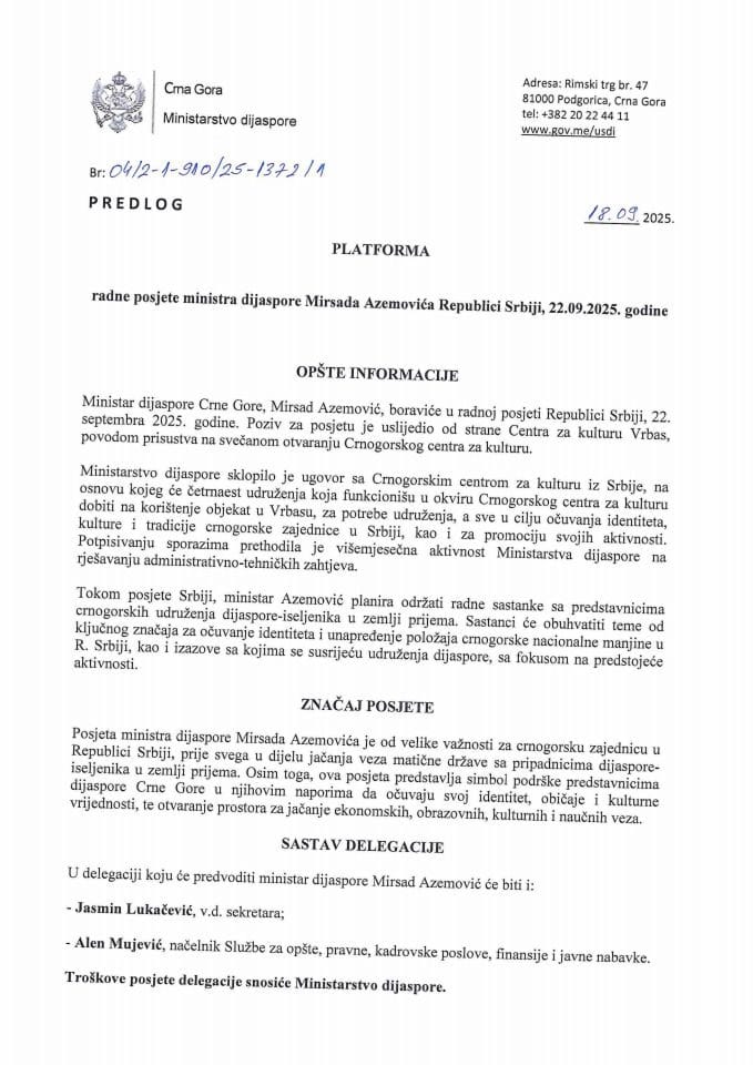 Предлог платформе радне посјете министра дијаспоре Мирсада Аземовића Републици Србији, 22. септембар 2025. године