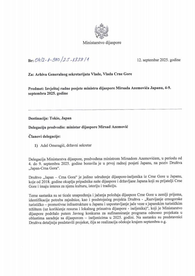 Извјештај са радне посјете министра дијаспоре Мирсада Аземовића Јапану, 4-9. септембра 2025. године