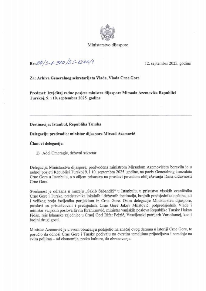 Извјештај са радне посјете министра дијаспоре Мирсада Аземовића Републици Турској, 9-10. септембра 2025. године