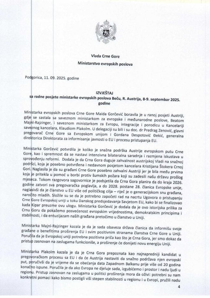 Извјештај са радне посјете министарке европских послова Бечу, Република Аустрија, 8-9. септембар 2025. године