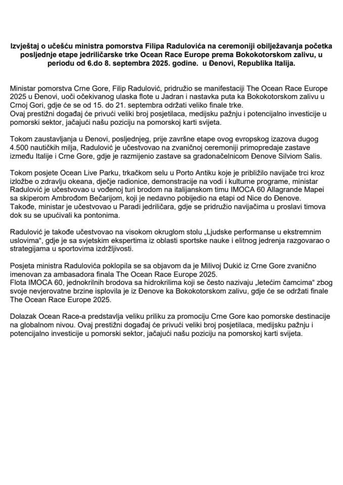 Извјештај о учешћу министра поморства Филипа Радуловића, на Церемонији обиљежавања почетка посљедње етапе једриличарске трке Ocean Race Europe према Бококоторском заливу, у периоду од 6. до 8. септембра 2025. године, Ђенова, Република Италија
