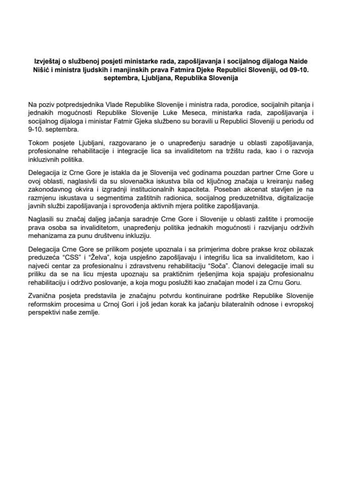 Извјештај о службеној посјети министарке рада, запошљавања и социјалног дијалога Наиде Нишић и министра људских и мањинских права Fatmira Gjeke Републици Словенији, од 09-10. септембра 2025. године, Љубљана, Република Словенија