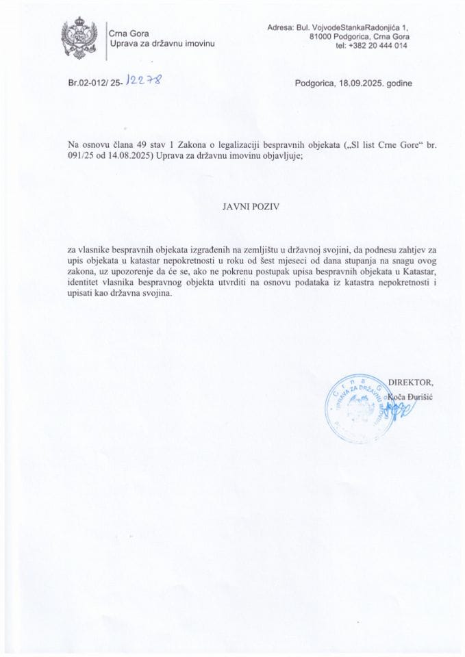 Javni poziv za vlasnike bespravnih objekata izgrađenih na zemljištu u državnoj svojini