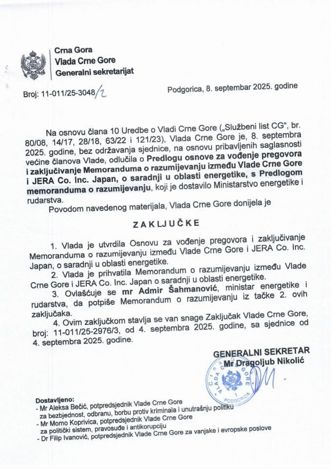 Predlog osnove za vođenje pregovora i zaključivanje Memoranduma o razumijevanju između Vlade Crne Gore i JERA Co. Inc. Japan, o saradnji u oblasti energetike s Predlogom memoranduma o razumijevanju - Zaključci