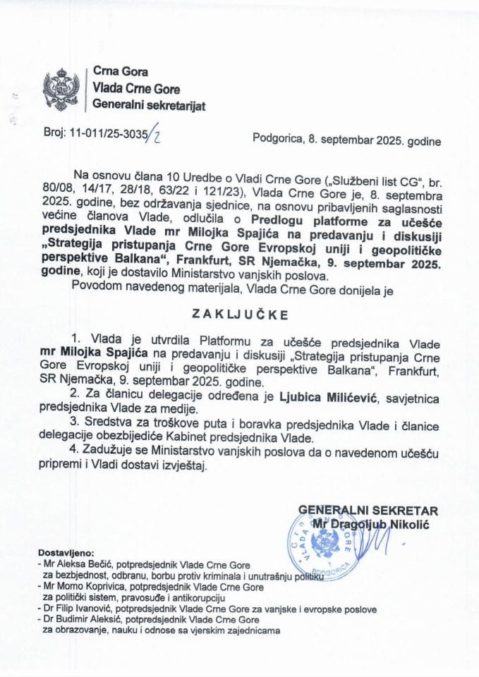 Predlog platforme za učešće predsjednika Vlade mr Milojka Spajića na predavanju i diskusiji „Strategija pristupanja Crne Gore Evropskoj uniji i geopolitičke perspektive Balkana“, Frankfurt, SR Njemačka, 9. septembar 2025. godine - Zaključci