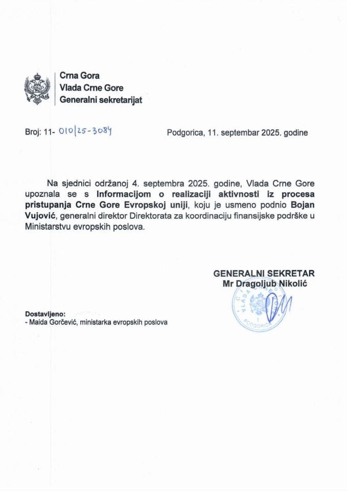 Usmena informacija o realizaciji aktivnosti iz procesa pristupanja Crne Gore Evropskoj uniji - Zaključci