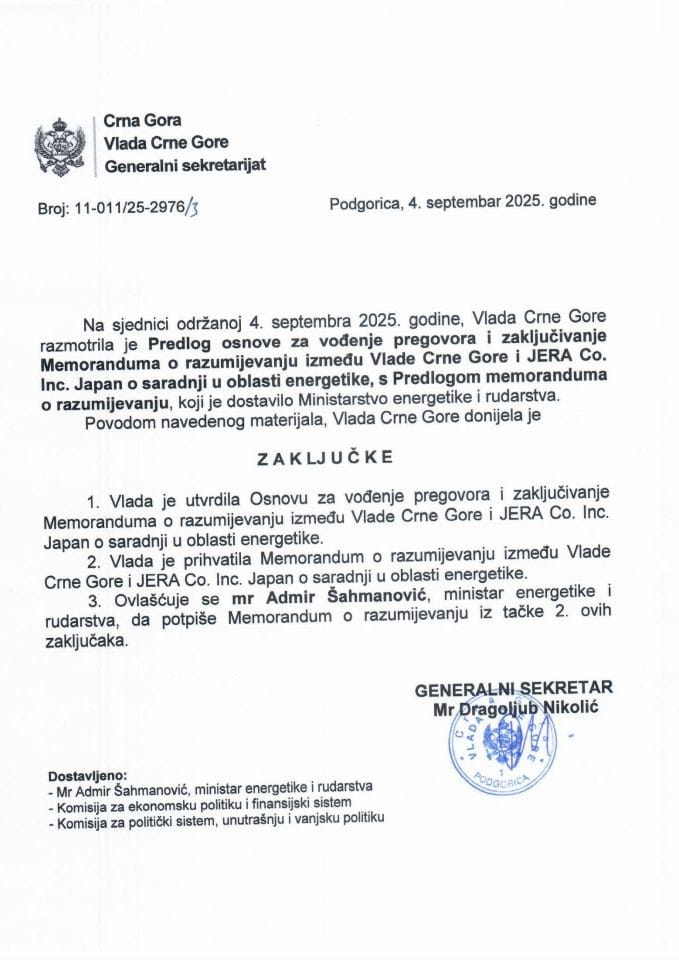 Predlog osnove za vođenje pregovora i zaključivanje Memoranduma o razumijevanju između Vlade Crne Gore i JERA Co. Inc. Japan, o saradnji u oblasti energetike s Predlogom memoranduma o razumijevanju - Zaključci