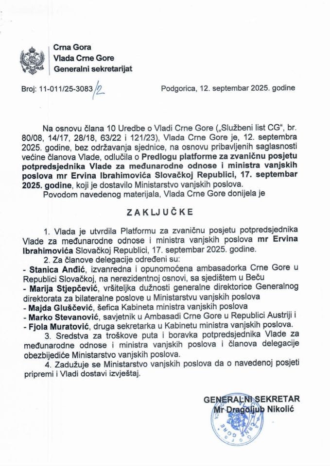Predlog platforme za zvaničnu posjetu potpredsjednika Vlade Crne Gore za međunarodne odnose i ministra vanjskih poslova mr Ervina Ibrahimovića Slovačkoj Republici, 17. septembar 2025. godine - Zaključci