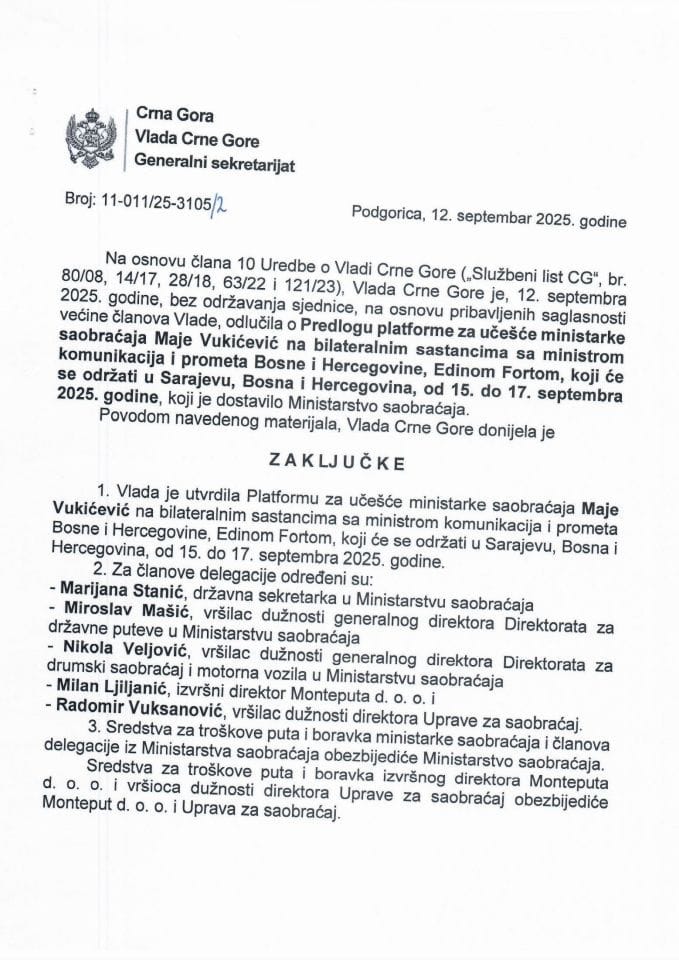 Predlog platforme za učešće ministarke saobraćaja Maje Vukićević na bilateralnim sastancima sa ministrom komunikacija i saobracaja Bosne i Hercegovine, Edinom Fortom, koji će se odžati u Sarajevu, od 15. do 17. septembra 2025. godine - Zaključci