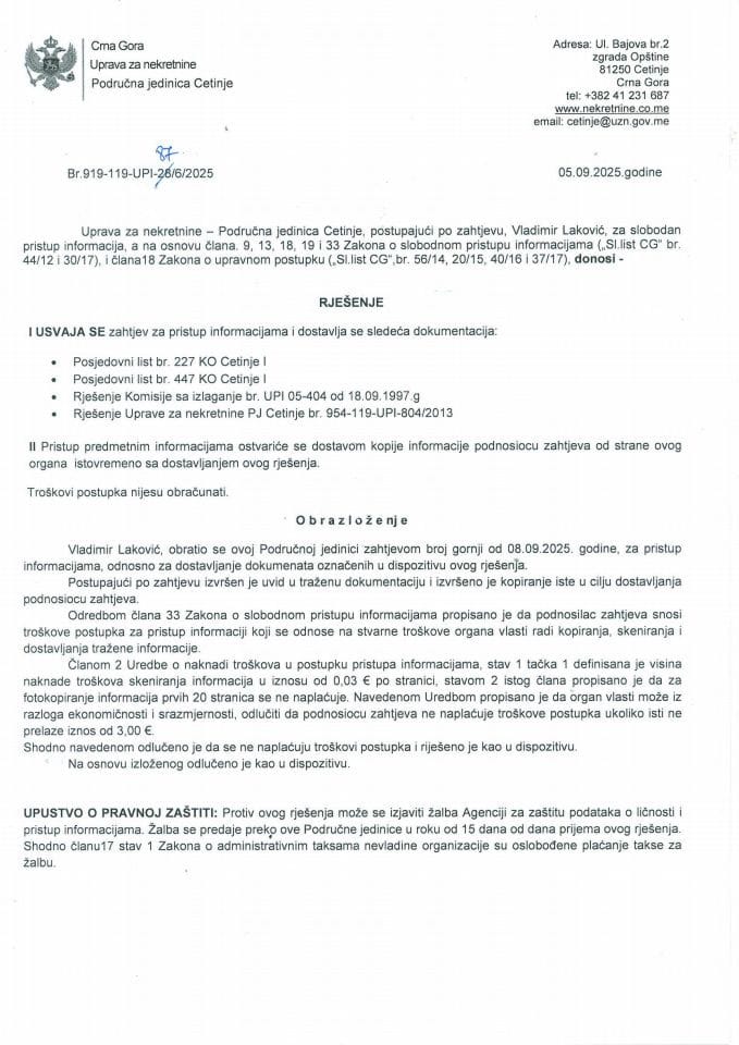 Rješenja o slobodnom pristupu informacijama - 19.09.2025.