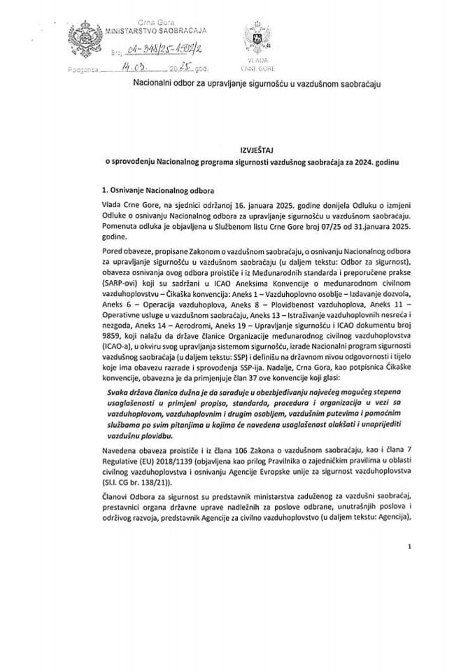 Izvještaj o sprovođenju Nacionalnog programa sigursnosti vazdušnog saobraćaja za 2024. godinu