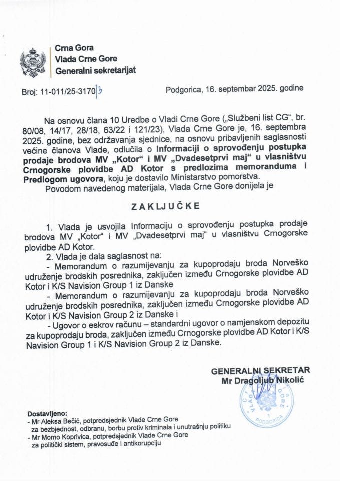 Informacija o sprovođenju postupka prodaje brodova MV „Kotor“ i MV „Dvadesetprvi maj“ u vlasništvu Crnogorske plovidbe AD Kotor s predlozima memoranduma i Predlogom ugovora - zaključci