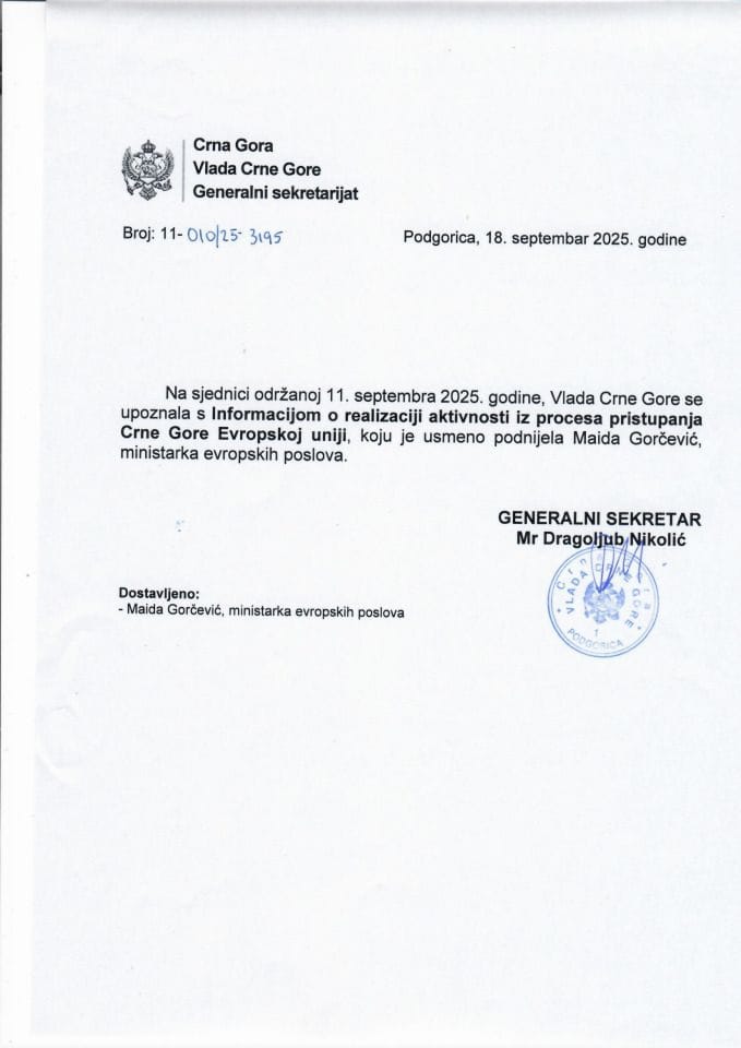 Usmena informacija o realizaciji aktivnosti iz procesa pristupanja Crne Gore Evropskoj uniji - zaključci