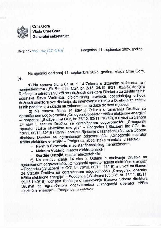 Kadrovska pitanja - 94. sjednica Vlade Crne Gore - zaključci