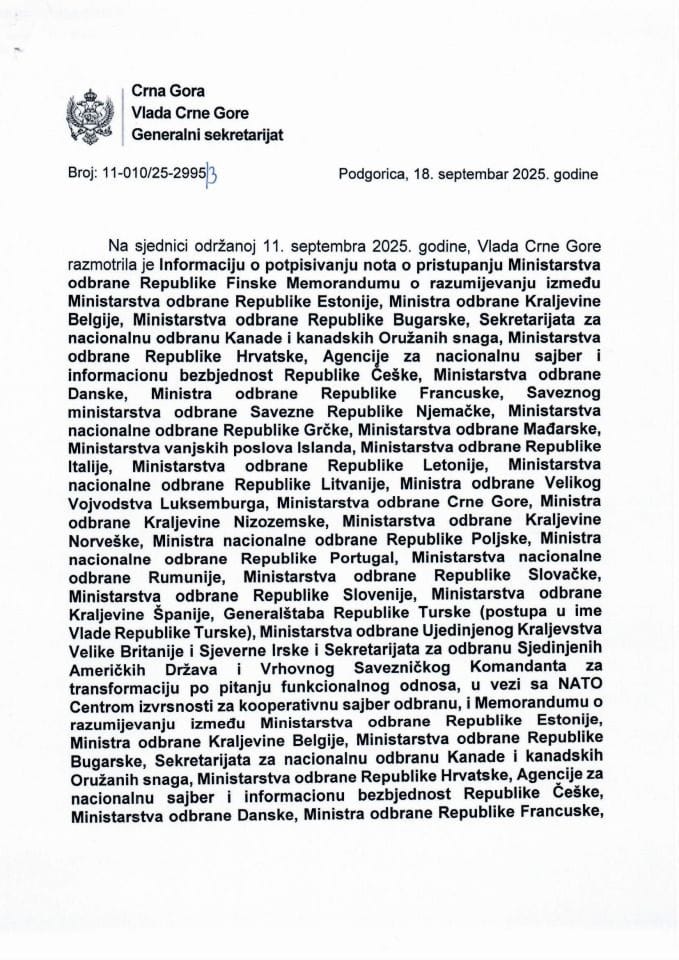 Informacija o potpisivanju nota o pristupanju Ministarstva odbrane Republike Finske Memorandumu o razumijevanju između Ministarstva odbrane Republike Estonije, Ministra odbrane Kraljevine Belgije, Ministarstva odbrane Republike Bugarske... - zaključci