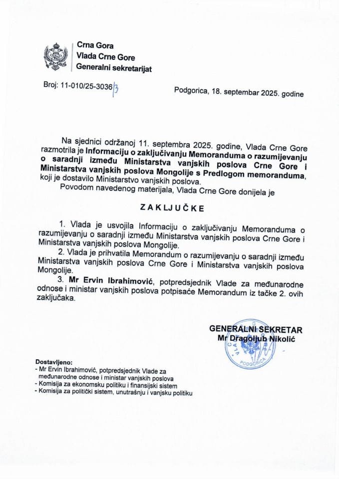 Informacija o zaključivanju Memoranduma o razumijevanju o saradnji između Ministarstva vanjskih poslova Crne Gore i Ministarstva vanjskih poslova Mongolije s Predlogom memoranduma - zaključci