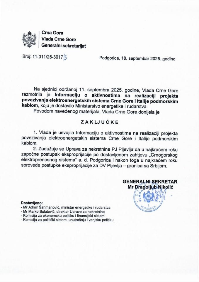 Informacija o aktivnostima na realizaciji projekta povezivanja elektroenergetskih sistema Crne Gore i Italije podmorskim kablom - zaključci
