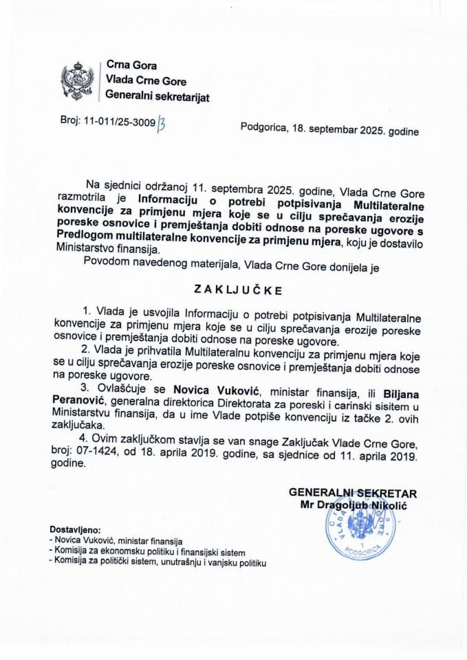 Informacija o potrebi potpisivanja Multilateralne konvencije za primjenu mjera koje se u cilju sprečavanja erozije poreske osnovice i premještanja dobiti odnose na poreske ugovore s Predlogom multilateralne konvencije za primjenu mjera - zaključci