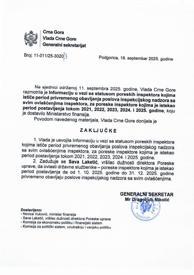 Informacija u vezi sa statusom poreskih inspektora kojima ističe period privremenog obavljanja poslova inspekcijskog nadzora sa svim ovlašćenjima inspektora, za poreske inspektore kojima je istekao period postavljenja - zaključci