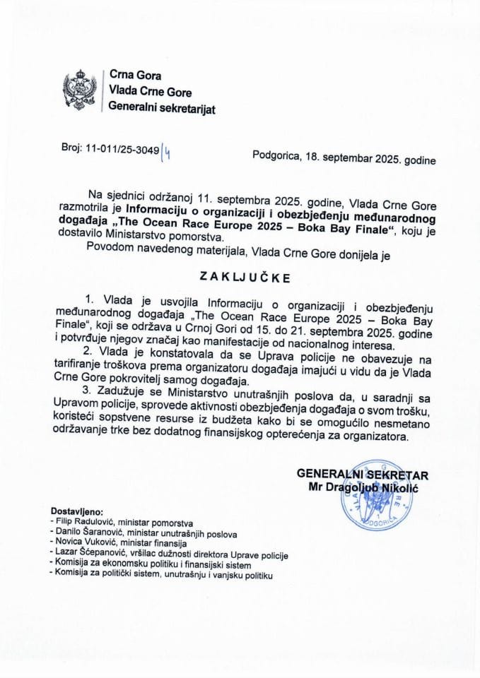 Informacija o organizaciji i obezbjeđenju međunarodnog događaja „The Ocean Race Europe 2025 - Boka Bay Finale“ - zaključci