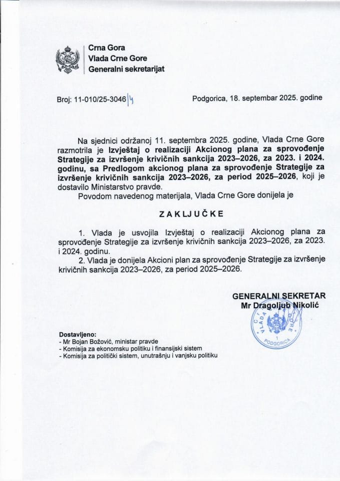 Izvještaj o realizaciji Akcionog plana za sprovođenje Strategije za izvršenje krivičnih sankcija 2023-2026, za 2023. i 2024. sa Predlogom akcionog plana za sprovođenje Strategije za izvršenje krivičnih sankcija 2023-2026, za period 2025-2026. - zaključci