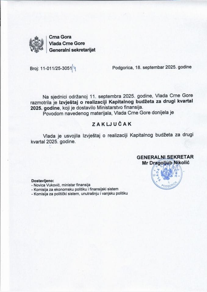 Izvještaj o realizaciji Kapitalnog budžeta za drugi kvartal 2025. godine - zaključci